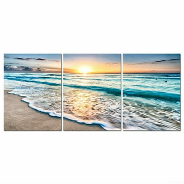 Pyradecor 3 Panels Starfish Seashell Bottle Beach Pictures on Canvas Wall Art Modern Seascape Stretched and Framed Giclee Canvas Prints Seaview Landscape Artwork for Bedroom Home Office Decorations 